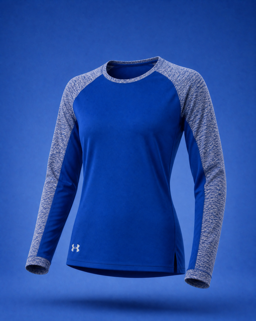 Royal blue UA Women's Favorite Longsleeve with heather gray sleeves, front view