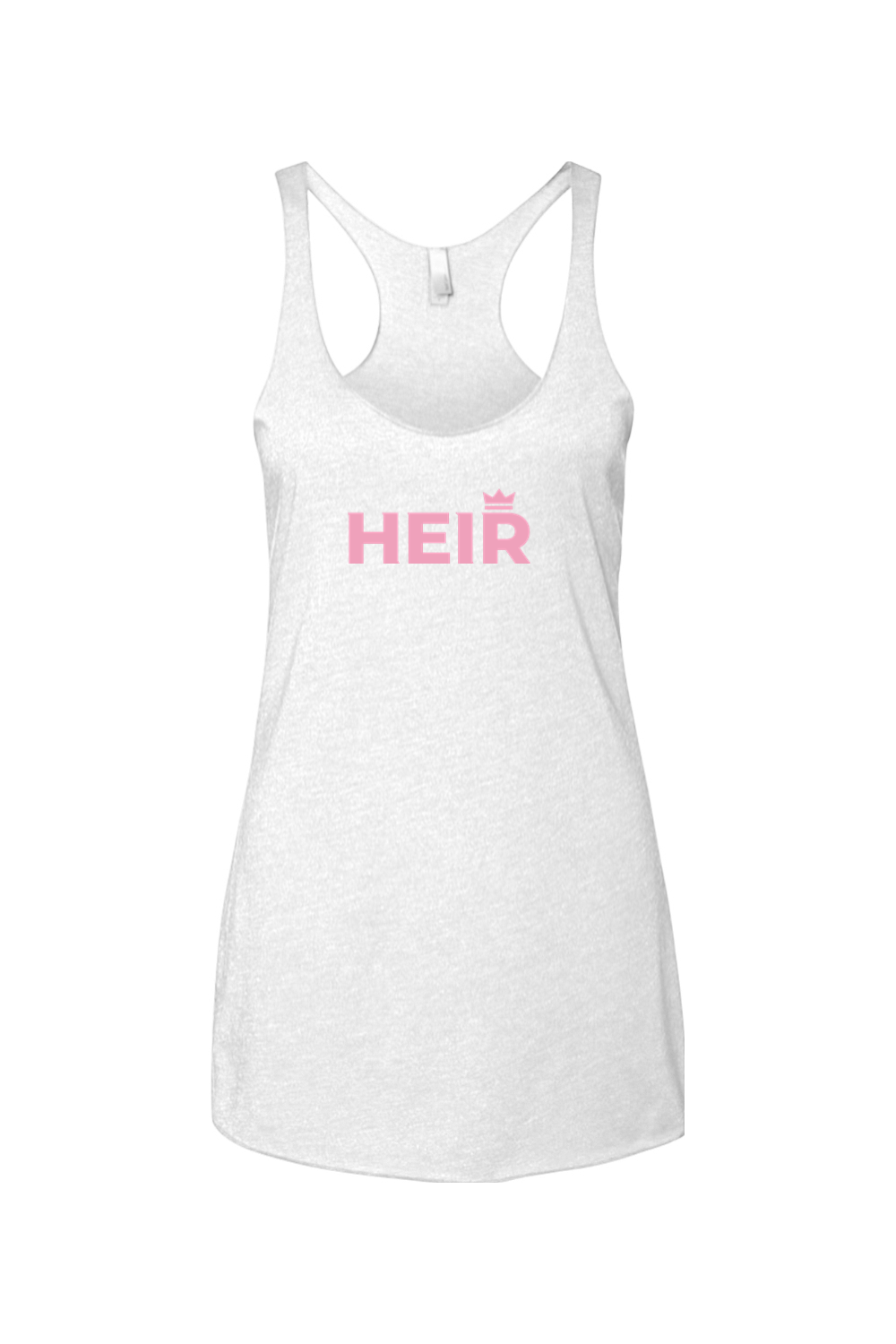 White tank top with 'HEIR' printed in pink on a white background