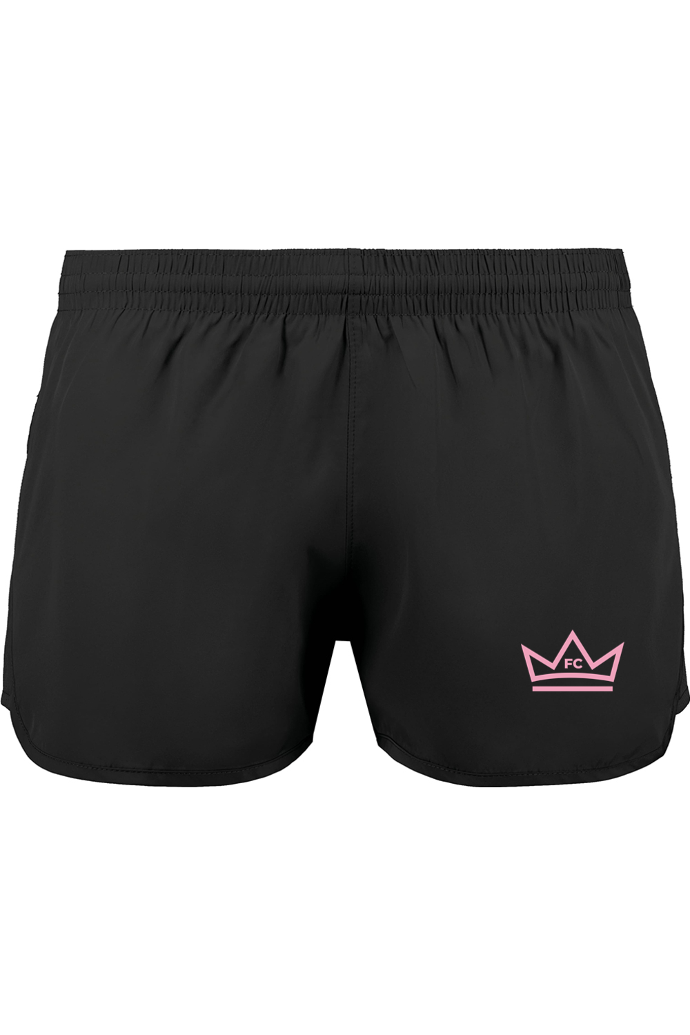 Black shorts with a pink crown logo on a white background