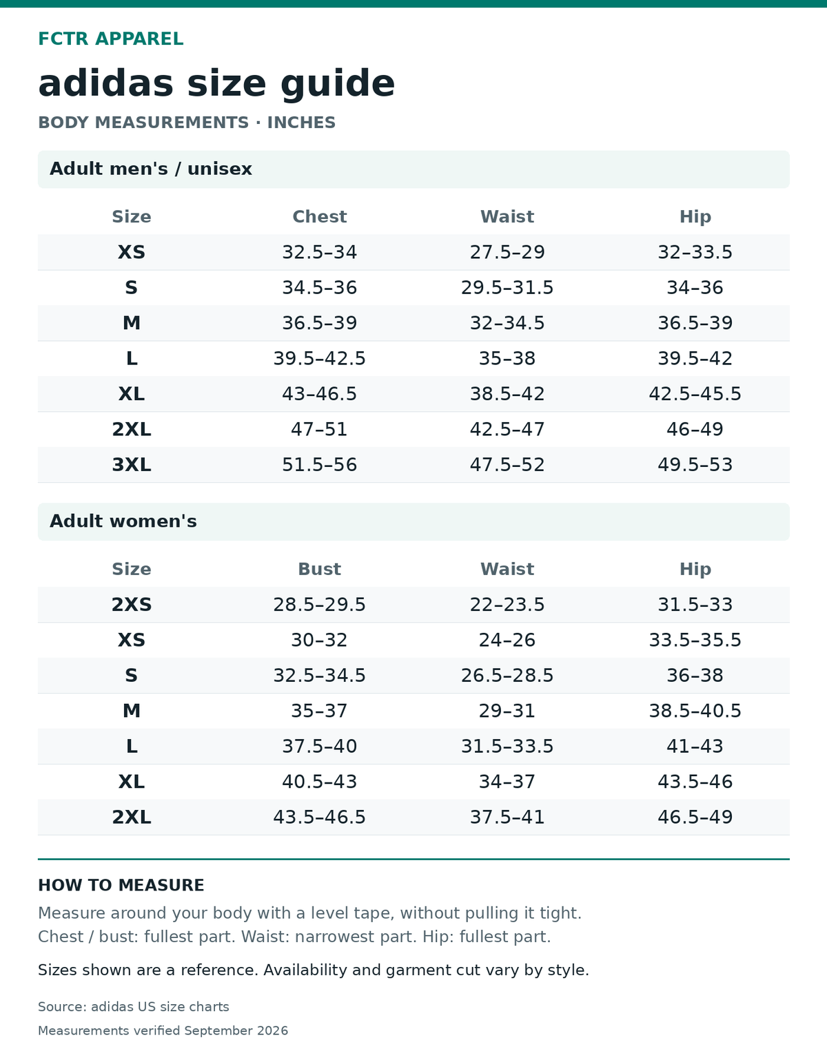 adidas size guide. Body measurements in inches. Adult men's / unisex XS to 3XL; Adult women's 2XS to 2XL.