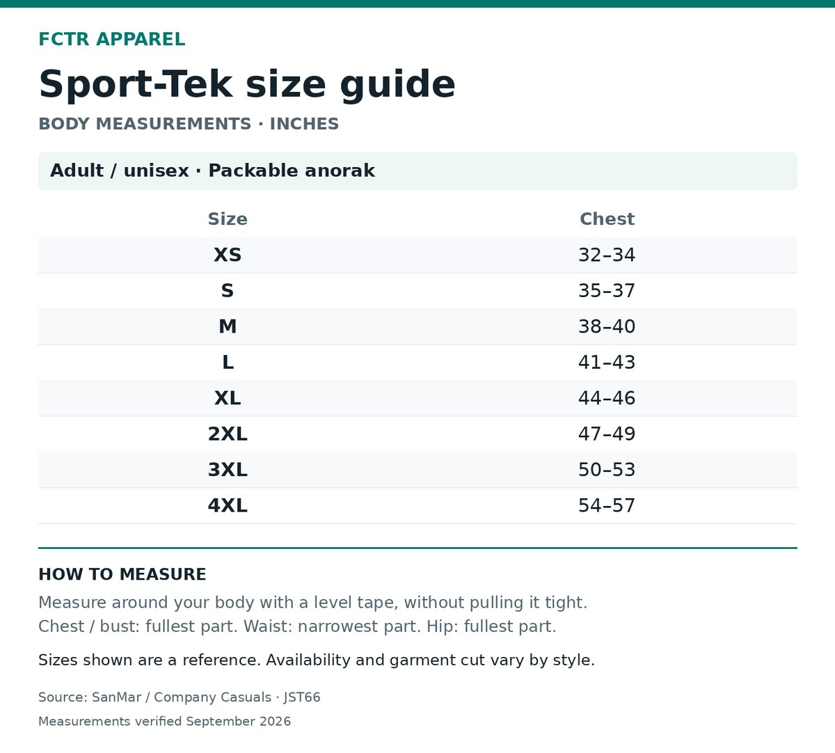 Sport-Tek size guide. Body measurements in inches. Adult / unisex · Packable anorak XS to 4XL.