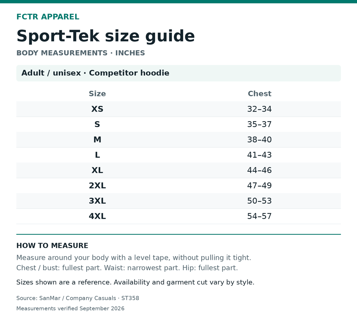 Sport-Tek size guide. Body measurements in inches. Adult / unisex · Competitor hoodie XS to 4XL.