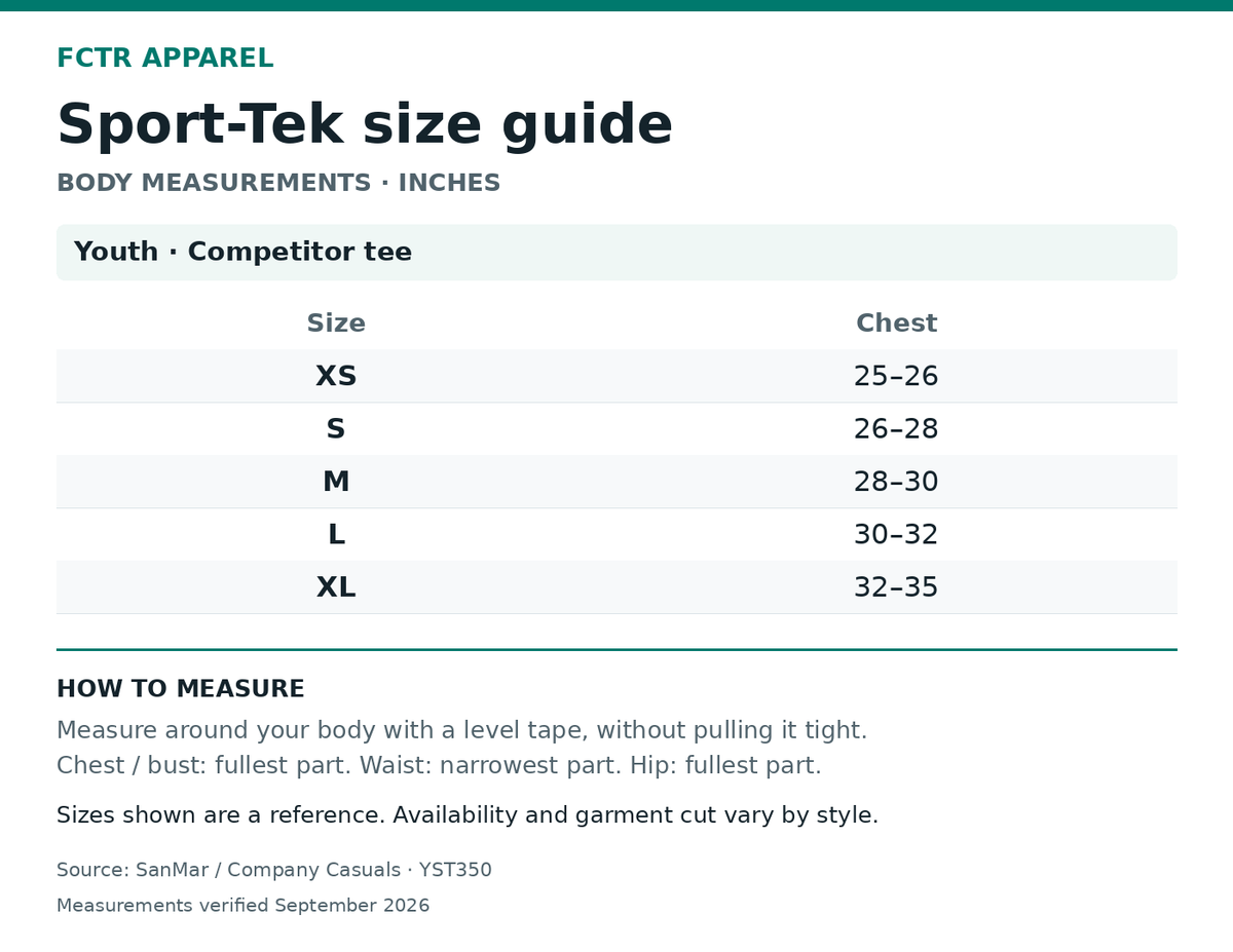 Sport-Tek size guide. Body measurements in inches. Youth · Competitor tee XS to XL.