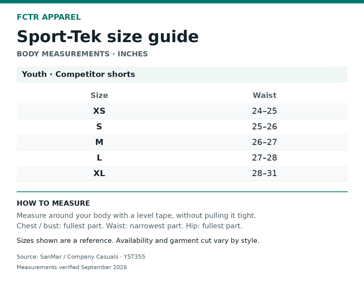Sport-Tek size guide. Body measurements in inches. Youth · Competitor shorts XS to XL.